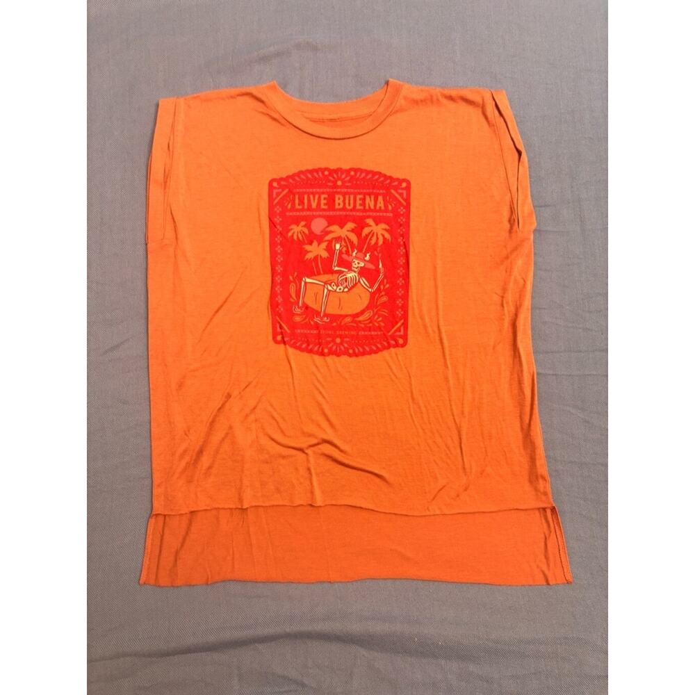 Live Buena Skeleton on Innertube T-Shirt Women's Size M Orange Graphic Tee